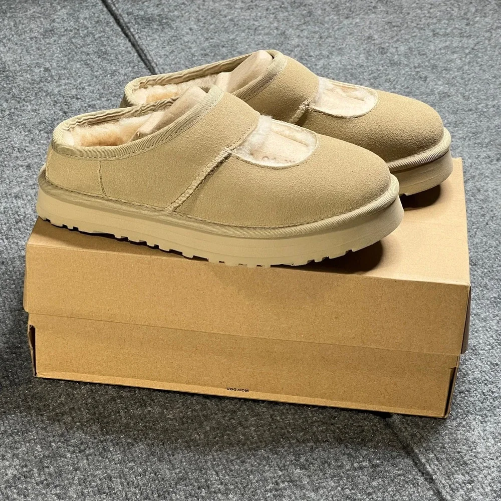 NIB UGG Bea Mary Jane Slippers Kids 4 Suede Sheepskin Wool Mustard Seed 1166552K